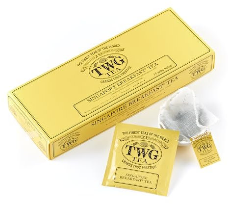 TWG Tea | Singapore Breakfast Tea | Schwarzer Tee und Grüner Tee | Vanille & Gewürze | 15 Handgenähte Teebeutel aus Baumwolle| Geschenkset