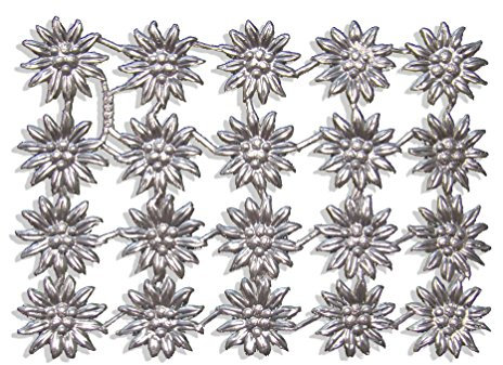 Kunze Blüte Edelweiss, 3 x 3 cm, Silber, 20 Stück auf Blatt, aus geprägtem Papier