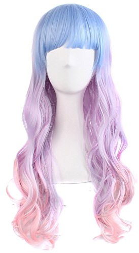 MapofBeauty 28 Zoll/70 cm Damen Mischfarbe Side Pony Länge natürlich Lockige Haarfasern Hohe-Temperatur Faser Cosplay Perücke (Lila Rosa/Periwinkle/Blass Rosa/Blau)