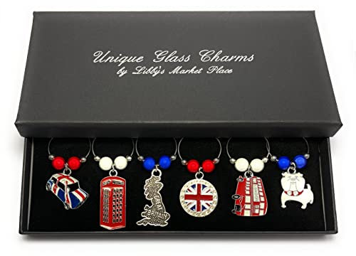Libby's Market Place Colourful Great Britain British Wine Glass Charms with Gift Box