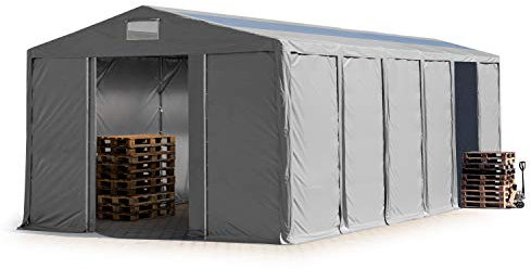 TOOLPORT Lagerzelt Industriezelt 8x12 m Zelthalle mit Oberlicht 4m Seitenhöhe PVC Plane 850 N grau wasserdicht Ganzjahreszelt mit Schiebetor