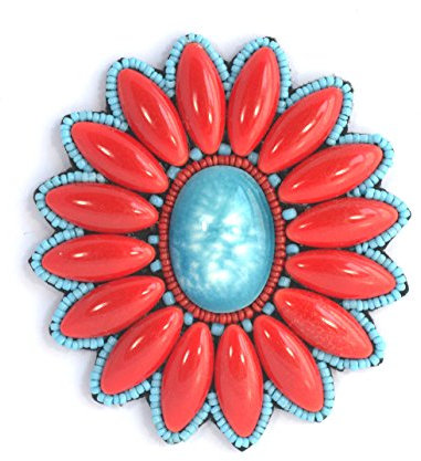 Broche Fleur Ovale Moyenne Rouge et Turquoise en Porcelaine et Perles de Verre - Bijou Fantaisie