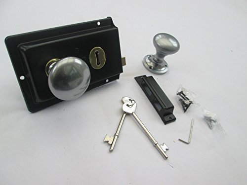 IRONMONGERY WORLD® Old Vintage Period Victorian Style Solid Brass Black Rim Lock Door KNOB Handles (Lock ONLY NO KNOBS Satin Dull Chrome)