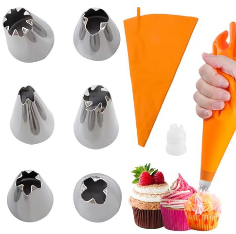 Icing Piping silicone Crema tasca da pasticcere e 6 x acciaio inox ugello set DIY torta fai da te strumento di decorazione (6 ugelli +1 sacchetto arancione)