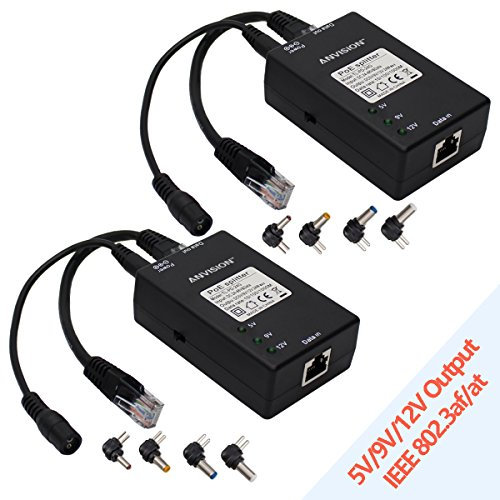 ANVISION 2-Pack Adaptateur Active Gigabit PoE Splitter avec Conseils Multi-Taille, 10/100 / 1000Mbps Compatible IEEE 802.3af, DC 5V 9V 12V Puissance de Sortie pour caméra IP Wirelss AP Voip Phone