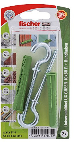 Fischer Universaldübel UX Green 10x60 R RH K mit Rand, 2 x Rundhaken 7 x 97, 520710