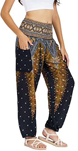 Lofbaz Damen Haremshose Yogahose Pumphose Hippie Hose Boho Kleidung Festival Outfit Sommerhose Leicht Sommer Hosen - Peacock 1 Schwarz XL