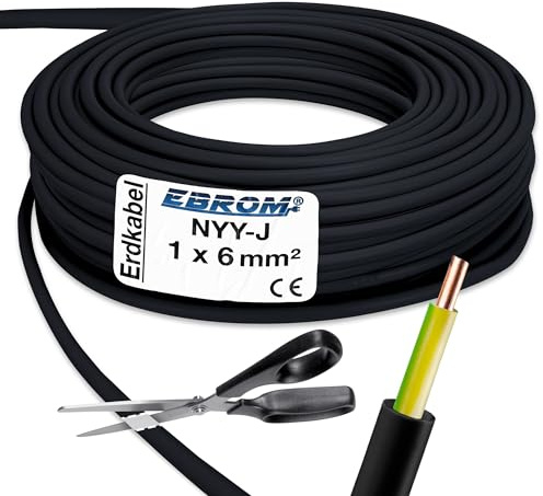 EBROM Erdkabel Blitzschutz NYY-J 1x6 mm² Erdungskabel, schwarz, 40 Meter | 5 m bis 100 m - 1x6 mm2 - !ACHTUNG: häufig verwechselt mit 1x16! Außenmantel schwarz, Innenmantel grün gelb, PVC Erdleitung