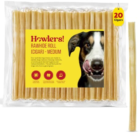 Howlers Natural Rawhide Dog Chew Cigars, 25 cm, Pack of 20 | Long-lasting chew, Helps reduce boredom, Encourages chewing habits, Keeps pets occupied, Ideal for daily enrichment