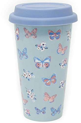 Insulated Double Walled Travel Mug Ceramic Vintage Butterfly (Duck Egg Blue)