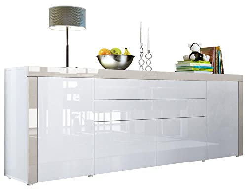Vladon Sideboard La Paz V2, Made in Germany, Kommode mit 2 Türen, 2 Schubkästen und 2 Klappen, Weiß Hochglanz/Weiß Hochglanz/Sandgrau Hochglanz (200 x 72 x 35 cm)