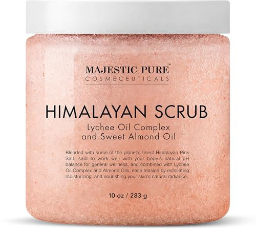 Majestic Pure Himalayan Salt Body Scrub with Lychee Essential Oil, All Natural Scrub to Exfoliate & Moisturize Skin, 12 oz