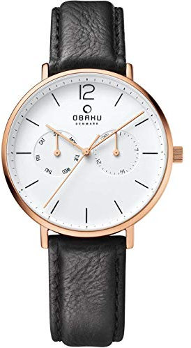 Obaku Denmark Herrenuhr mit Lederband Edelstahl 40 MM Datum Wochentag Day Date Rose V182GMVWRB