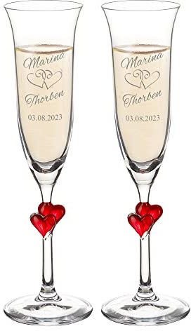 AMAVEL 2er Set Sektgläser mit rotem Herz und Gravur zur Hochzeit, Motiv Herzen, Personalisiert mit Namen und Datum, Hochzeitsgeschenke für Brautpaar, Gastgeschenke und Hochzeitsdeko, Hochzeitsgeschenk