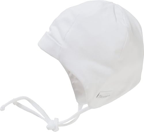 Sterntaler OCS Mütze - Baby Beanie Mütze aus Singlejersey (Bio) doppellagig - Unisex Kopfbedeckung mit Ohrenklappen - Baby und Kinder Übergangsmütze zum Binden - ab Geburt - weiß, Größe 37