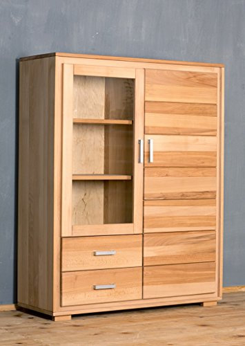 Woodline Highboard Vitrine Genf 2-türig Kernbuche Massivholz geölt/gewachst, Ausführung der Schubladen:mit normalen Auszug