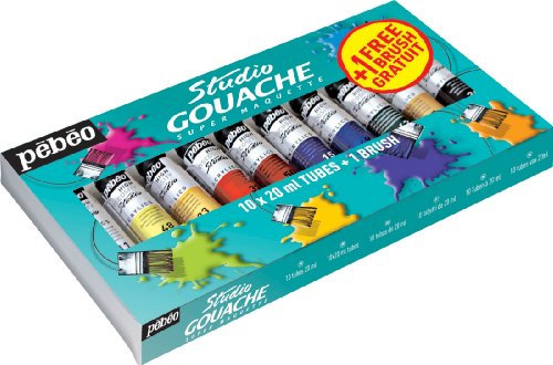 Pébéo 230199 Gouache Studio + Starter Set de 10 Tubes 20 ml + Pinceau