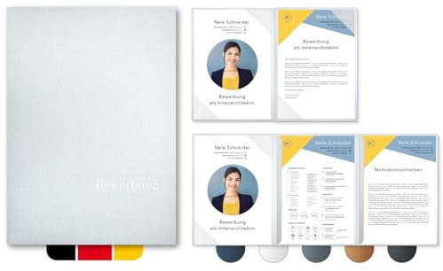 5 Stück 4-teilige Bewerbungsmappen Esclusiva® Exzellent-plus in Silber mit 2 Klemmschienen // in 1A-Premium-Qualität mit hochwertiger Flach-Prägung „BEWERBUNG“ // Produkt-Design von Mario Lemani