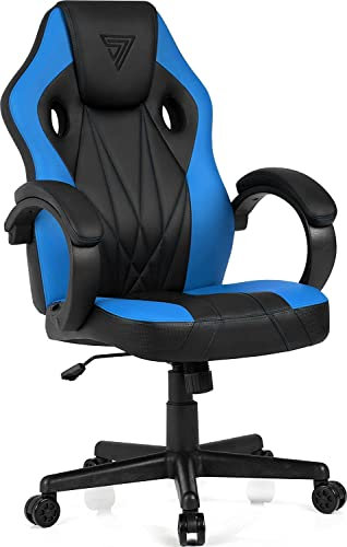 SENSE7 Gaming Stuhl Prism, ergonomischer Gaming Sessel, Gaming Chair mit Wippfunktion, Gepolsterte Armlehnen, PU-Leder Bürostuhl bis 120kg, PC Stuhl Schwarz-Blau