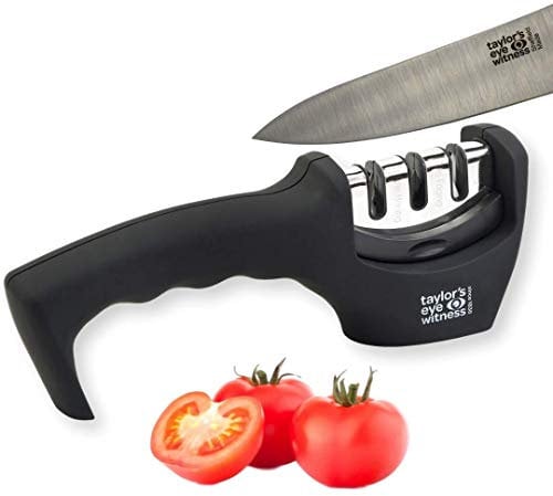 Taylors Eye Witness Professional Chef’s Kitchen Knife Sharpener - Three Stage Handheld Knife Sharpening Tool. Re-edging, Honing And Fine Honing For Many Blade Types. Non Slip Base.