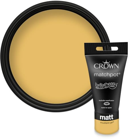 Crown WALLS & CEILINGS Mustard Yellow Matt Paint Tester Pot - Sample 40ml | Try Mustard Jar before you buy. See the true colour on your wall, in your own light. Low VOC, low odour, breatheasy