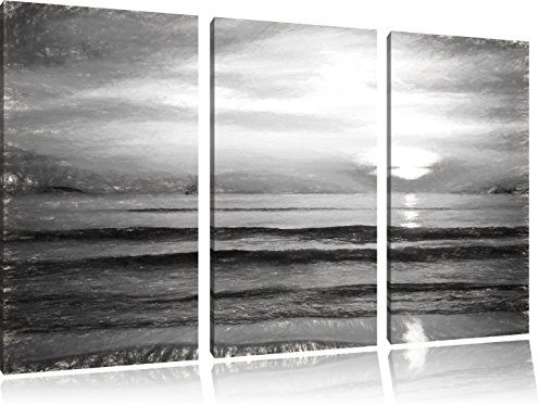 Pixxprint Malibu Beach - Sunrise Water Sand, Leinwandbild 3 Teilig, Gesamtmaß: 120x80cm, Wandbild, Dekoration, fertig gespannt, Kein Poster