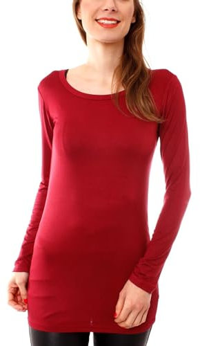 Easy Young Fashion - Damen Basic Langarmshirt - Rundhals Longshirt - Unterziehshirt Skinny Fit 1098A - Dunkelrot M/L