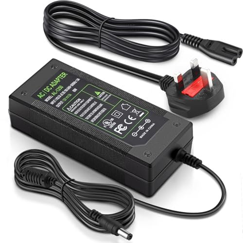 Facmogu DC 12V 5A Power Supply Adapter, 3m/9.84Ft Long Cable AC 100-240V to DC 12V 60W Power Adapter, 12 Volts 5000mA Switching Power Converter UK Adaptor Transformer w/ 5.5 x 2.5mm & 5.5 x 2.1mm Jack