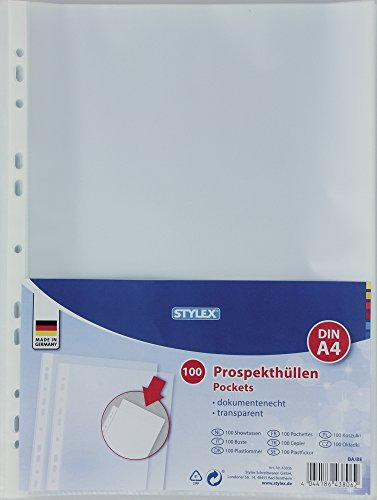 STYLEX Prospekthüllen A4, 100 Stück Klarsichthüllen, transparent