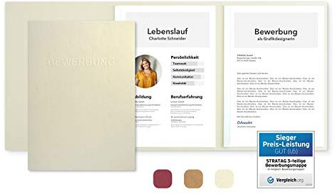 10 Stück 3-teilige Bewerbungsmappen Creme-Beige mit 2 Klemmschienen in feinster Lederstruktur - hochwertige Prägung ''BEWERBUNG'' - direkt vom Hersteller STRATAG