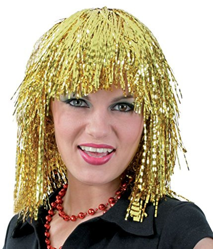 KarnevalsTeufel Starlight Lametta Perücke Bobb kurzhaar Pony Folie Einheitsgröße Gold