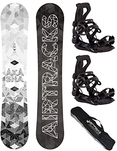Airtracks Herren Snowboard Set Freeride Freestyle - Akasha Hybrid Rocker Wide Snowboard 157 - Softbindung Master L - SB Bag