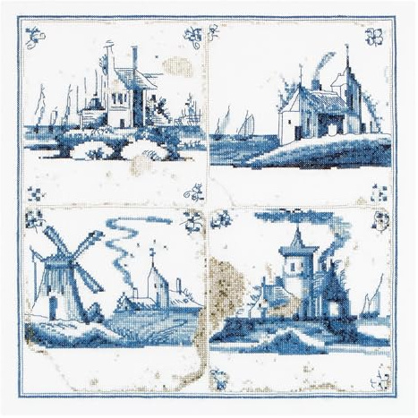 Thea Gouverneur - Counted Cross Stitch Kit - Antique Tiles Villages - Aida - 18 Count - Embroidery Kit for Adults - DMC Embroidery Threads and Other Cross Stitch Supplies Included - 484A