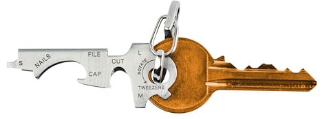True Utility Stainless Steel Keyring Multi Tool - 8 Daily Tools In 1, Flight Safe Box Cutter Knife Blade, Large, Medium & Eyeglass Screwdriver, Bottle Opener Key, Nail File, Tweezers & Nail Cleaner