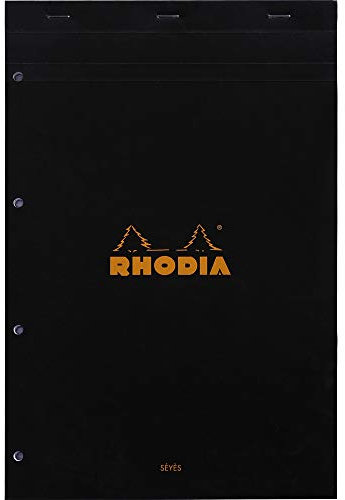 Rhodia 201009C - Notizblock / Schreibblock N°20 DIN A4+, 80 Blatt 80g, französische Lineatur, 4-fach gelocht, abtrennbar und mikroperforiert, mit fester Rückseite aus Karton, Schwarz, 1 Stück