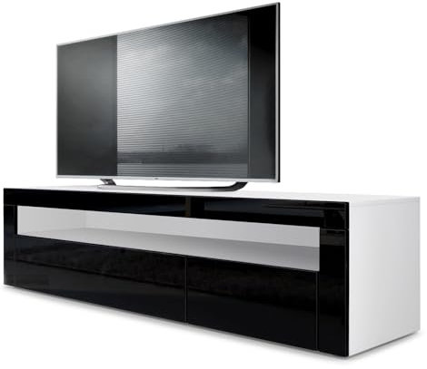 Vladon Lowboard Valencia, Made in Germany, TV-Kommode mit 1 offenem Fach und 2 Klappen, Weiß matt/Schwarz Hochglanz/Schwarz Hochglanz (155 x 46 x 40 cm)
