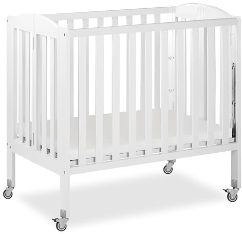 Dream On Me 3-in-1 Portable Folding Stationary Side Mini Baby Crib in White & Mattress, GreenGuard Gold & JPMA, Use as Changer & Playpen, Locking Wheels, 3 Mattress Heights, Extra Firm Mattress