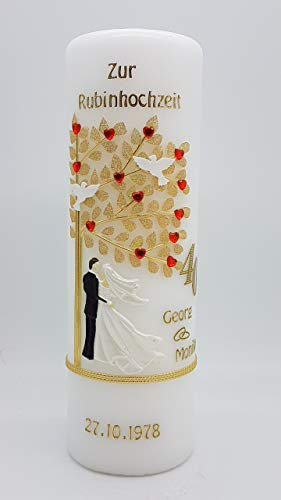 Kerze Rubinhochzeit 40 mit Namen & Datum RH-04g HANDARBEIT - Geschenkverpackung/Kerzenständer optional