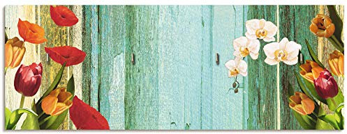 ARTLAND Schlüsselbrett Schlüssel Schmuck Organizer Hakenleiste Deko Wandhalterung Holz mit 4 Haken 40x15 cm Blumen Landhausstil Bunt T9IE
