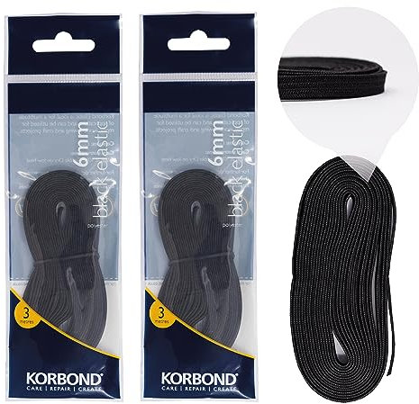 Korbond Pack de Dos Cintas de Goma elástica Negras, para arreglos de Ropa, cinturillas, puños, confección, Manualidades, remiendos, Mezcla de poliéster Duradera, 6 mm x 3 m Cada una
