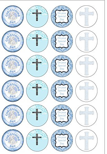 24 Precut Round Edible Wafer Paper Christening Baby Boy Toppers Cake Decorations