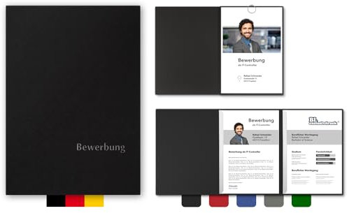 5 Stück 3-teilige Bewerbungsmappen BL-exclusivdruck® OPTIMA in Schwarz - Premium-Qualität mit edler Relief-Prägung 'Bewerbung' - Produkt-Design von 'Mario Lemani'