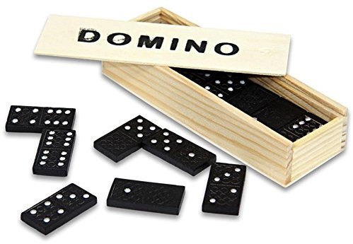CAGO Domino - Klassisches Domino-Spiel mit Holzbox, Schwarz/Natur, Unisex, 36+ Jahre, 14.5 x 5 x 3 cm