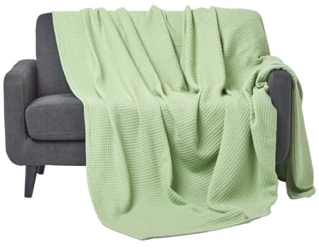 HOMESCAPES - 100% Organic Cotton Waffle Blanket - Sage Green - Super King Bed Size 280 x 230 cm - Super Soft Combed Cotton Blanket Throw