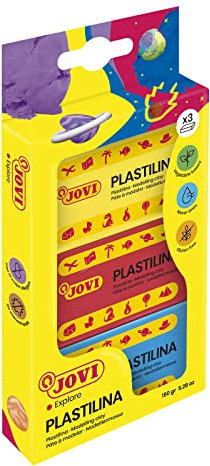 Jovi Plastilin, leicht formbare Modelliermasse für Kinder ab 2 Jahren, Blister mit 3 Farben je 50g