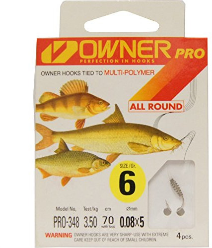 Owner Allroundhaken mit Teigspirale gebunden 70cm, Teighaken, Vorfachhaken für verschiedene Fischarten, Angelhaken mit multifilem Vorfach, Größen 2, 4 oder 6, 70cm Vorfach, Haken für Karpfen, Forelle, Schleie, Barsch, Aal, Größe/Tragkraft/Durchmesser/Inhalt:Gr.6/3.50kg/4x0.08mm/4 Haken pro Packung