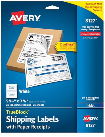 Avery Versandetiketten mit Papierquittungen und TrueBlock-Technologie für Tintenstrahldrucker, 14,8 x 19,1 cm, 25 Stück (8127), Weiß