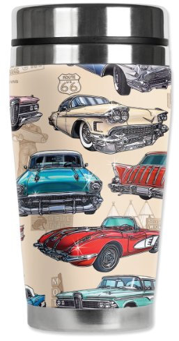 Mugzie 50's Hot Rods Reisebecher mit isoliertem Neoprenanzug-Bezug, 473 ml, Schwarz