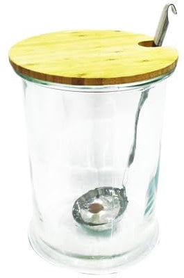 HOME DECO FACTORY Saveur & Dégustation - KA1574 - Bocal Boisson 5 litres avec Louche, Bois/INOX/Verre, Transparent/Marron, Accompagné d'un Couvercle en Bois, Diamètre 19cm - Hauteur : 26cm