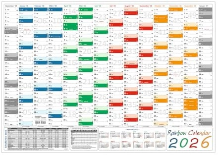 Rainbow Wandkalender/Wandplaner 2026 (gerollt) DIN A2 Format (420 x 594 mm) 14 Monate, komplette Jahresvorschau Folgejahr und Ferientermine Feiertage aller Bundesländer